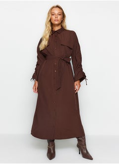 Brown Belted Sleeves Adjustable Detailed Buttoned Cotton Woven Shirt Dress TCTSS23EB00365