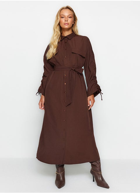 Brown Belted Sleeves Adjustable Detailed Buttoned Cotton Woven Shirt Dress TCTSS23EB00365