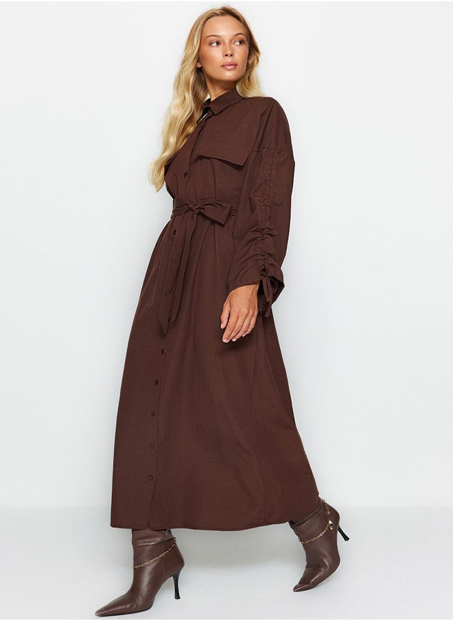 trendyol - Brown Belted Sleeves Adjustable Detailed Buttoned Cotton Woven Shirt Dress TCTSS23EB00365 - Image 1
