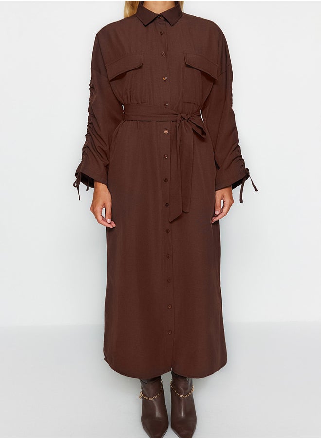 trendyol - Brown Belted Sleeves Adjustable Detailed Buttoned Cotton Woven Shirt Dress TCTSS23EB00365 - Image 1