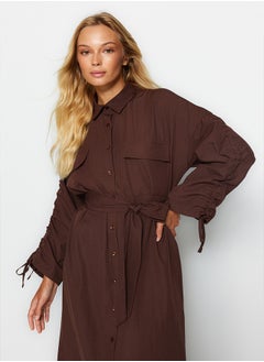 trendyol Brown Belted Sleeves Adjustable Detailed Buttoned Cotton Woven Shirt Dress TCTSS23EB00365  - Image 4