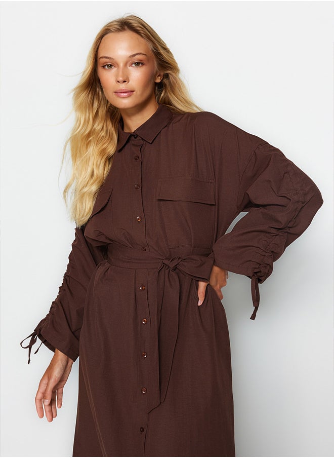 trendyol - Brown Belted Sleeves Adjustable Detailed Buttoned Cotton Woven Shirt Dress TCTSS23EB00365 - Image 1