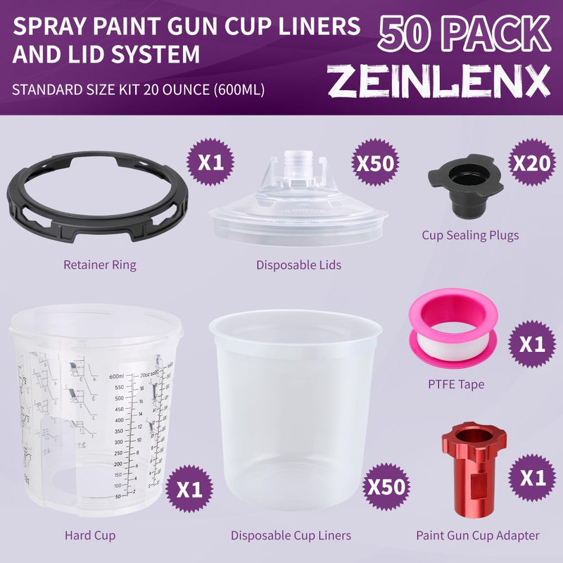 Zeinlenx Disposable Paint Gun Cup, HVLP Paint Sprayer Gun Mixing Cups with Lid (20 Ounce 600ML Pro) - Image 4