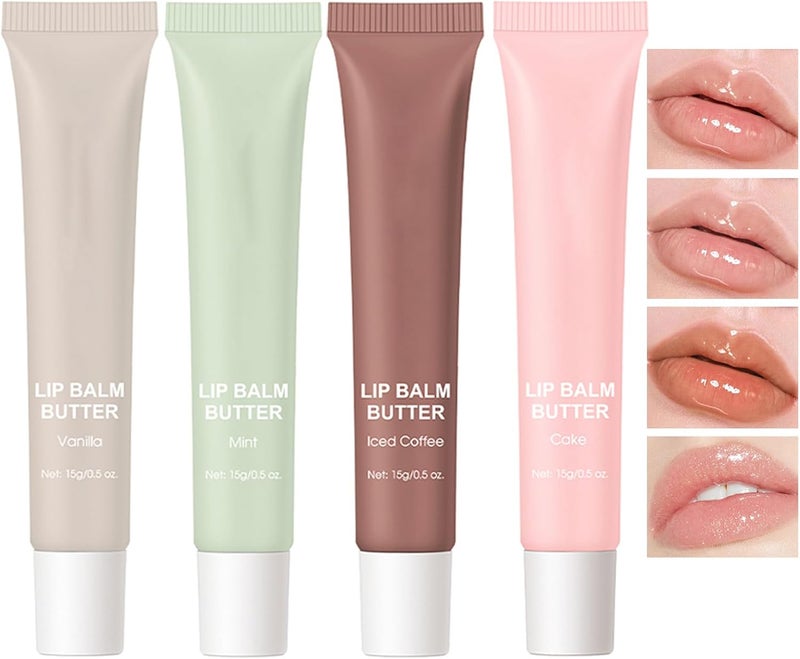 4 Colors Tinted Lip Butter Balm Hydrating Peptide Lip Tint Clear Jelly Glossy Lip Gloss Shine and Nourishing Lip Oil Soothes Softens Dry Lips