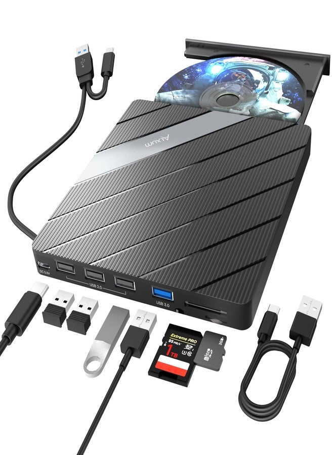 Alxum External DVD Drive for Laptop CD/DVD Drive External with SD & TF Card Reader and USB 2.0 USB 3.0 Ports, CD Drive External USB and USB C for Laptop, Desktop, MacBook, Windows, Linux, Mac OS,