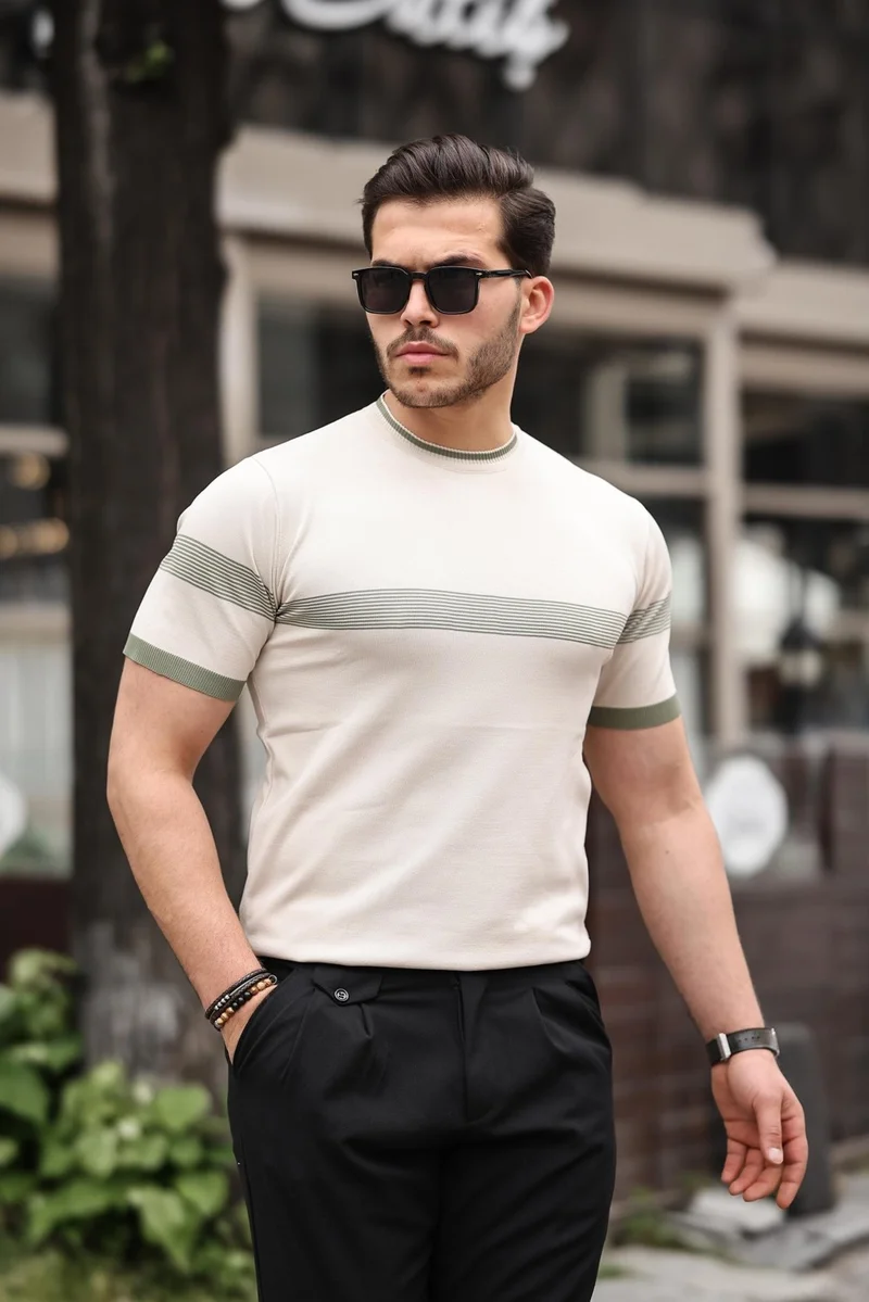 Miron Beige Crew Neck Striped Knitwear T-Shirt