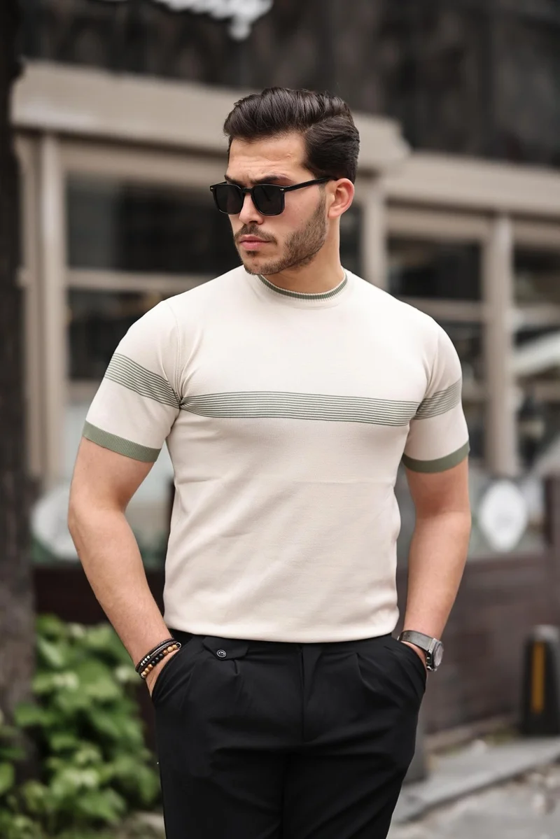 Miron Beige Crew Neck Striped Knitwear T-Shirt