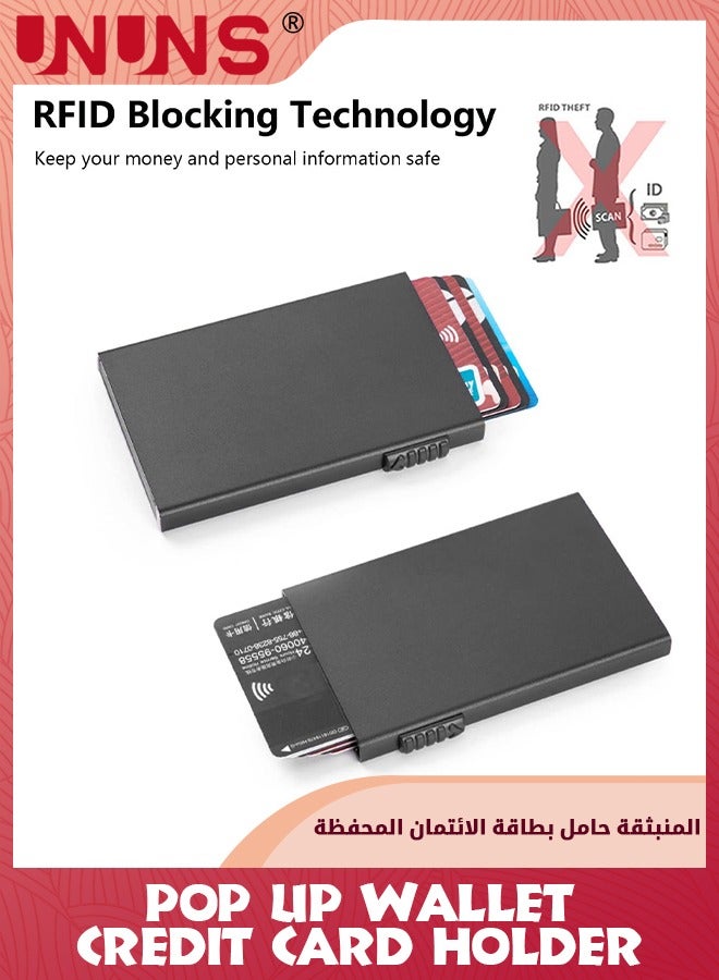 UNUNS Pop Up Wallet,Card Wallet Pop Up Card Holder With RFID Blocking,Minimalist Metal Case For Men Women, Pop up Front Pocket Wallet,Slim Metal Wallets For Holds 5 Card,Black - Image 2