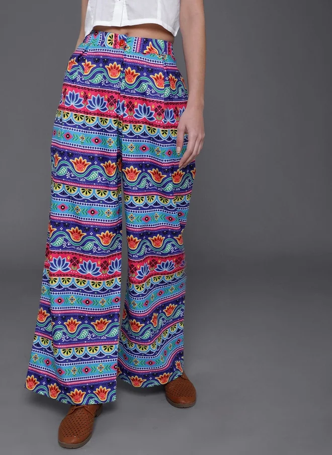 Aks Floral Printed Wide Leg Palazzos for Women