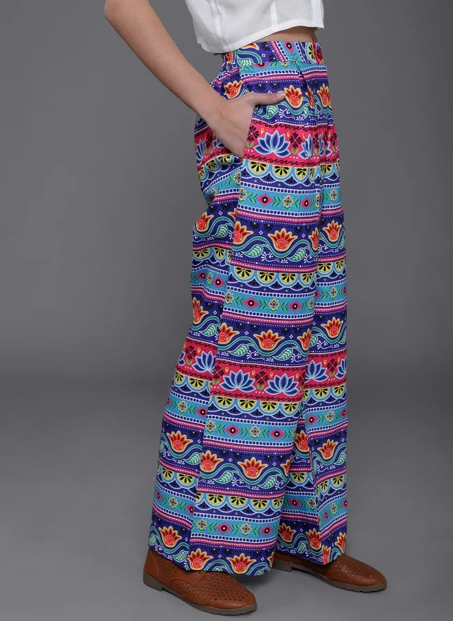Aks Floral Printed Wide Leg Palazzos for Women