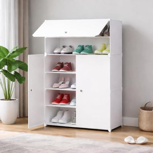 HEMOVIA Plastic Shoe Rack for Home | 6 𝐒𝐡𝐞𝐥𝐟 DIY Shoe Rack with Door for Home Storage Plastic Box Organizer, Metal Door Frame, Chappal Slipper Sandals Stand - Image 1
