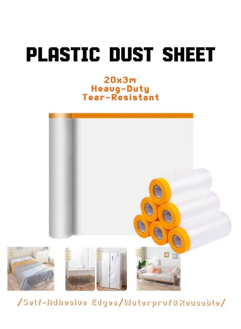 ألعاب تي إن 20x3m ورقة غبار بلاستيكية مقاومة للدموع الثقيلة الحواف اللاصقة ذاتياً مقاومة للماء وقابلة لإعادة الاستخدام أثاث / أرضية / حامي جدار من الدرجة الصناعية ضروري للبناء والنقل والتخزين - Image 1