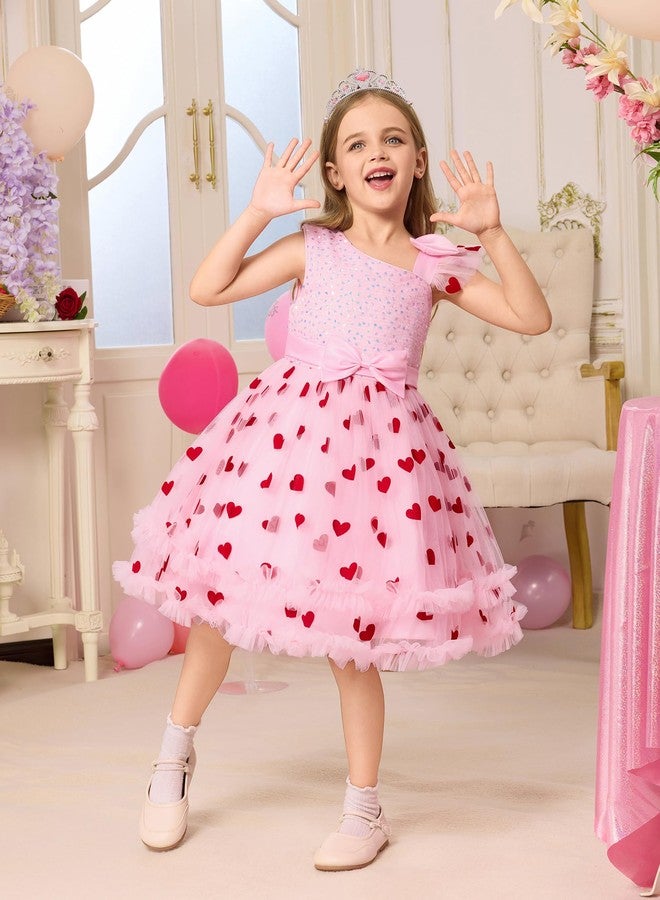 OBEEII Toddler Baby Girls Valentine's Day Dress Sparkly Sequins Princess Party Flower Girl Dress Bowknot Baptism Photoshoot Outfit Glitter Pageant Prom Ball Gown Pink-Heart Print 12-18 Months - Image 2