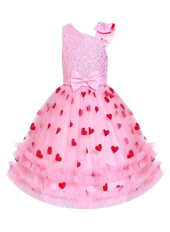 OBEEII Toddler Baby Girls Valentine's Day Dress Sparkly Sequins Princess Party Flower Girl Dress Bowknot Baptism Photoshoot Outfit Glitter Pageant Prom Ball Gown Pink-Heart Print 12-18 Months - Image 1