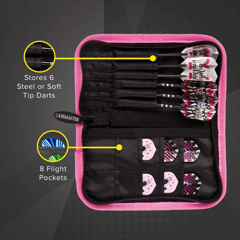 Casemaster Deluxe Nylon Dart Case for Steel and Soft Tip Darts, Holds 6 Darts and Features 8 Pockets for Accessories Like Flights, Shafts and Tips, Pink - Image 2