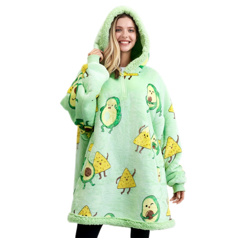 Giggling Getup Wearable Blanket Hoodie for Adults Gifts for Teen Girls Sister Women Sherpa Fleece Printed Hooded Blanket Sweatshirt Warm Cozy with Pocket Sleeves Green Avocado