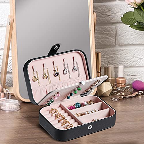 Hatori Travel Jewelry Box, PU Leather Small Jewelry Organizer for Women Girls, Portable Mini Travel Case Display Storage Holder Boxes for Stud Earrings, Rings, Necklaces, Bracelets (Black Beige) - Image 3