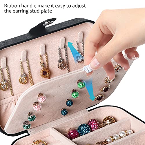 Hatori Travel Jewelry Box, PU Leather Small Jewelry Organizer for Women Girls, Portable Mini Travel Case Display Storage Holder Boxes for Stud Earrings, Rings, Necklaces, Bracelets (Black Beige) - Image 5