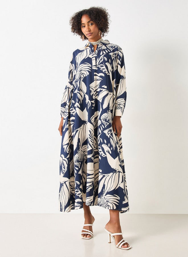 ايكونيك فستان ماكسي بياقة عادية وأكمام طويلة وطبعات من آيكونيك - Image 1