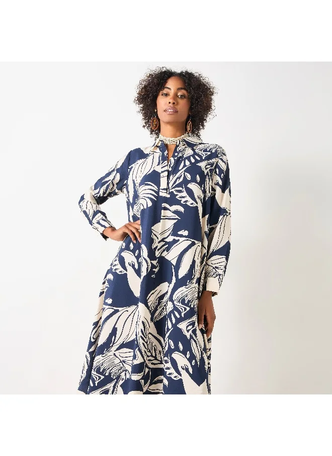 Iconic Iconic All-Over Print Maxi Dress with Collar and Long Sleeves