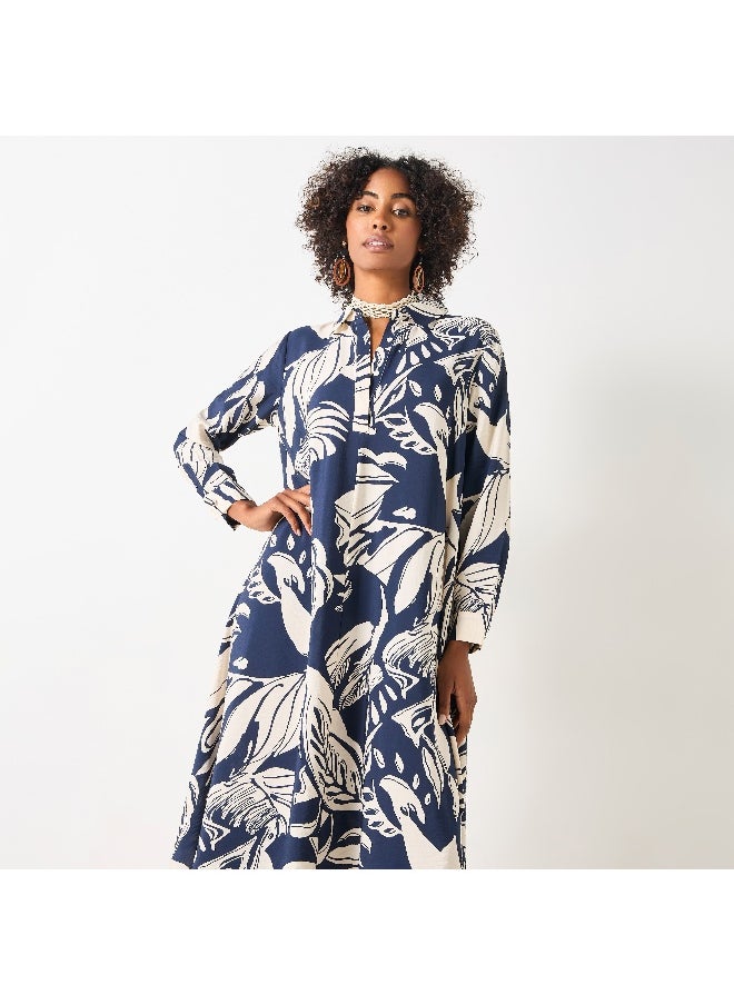 Iconic Iconic All-Over Print Maxi Dress with Collar and Long Sleeves  - Image 1