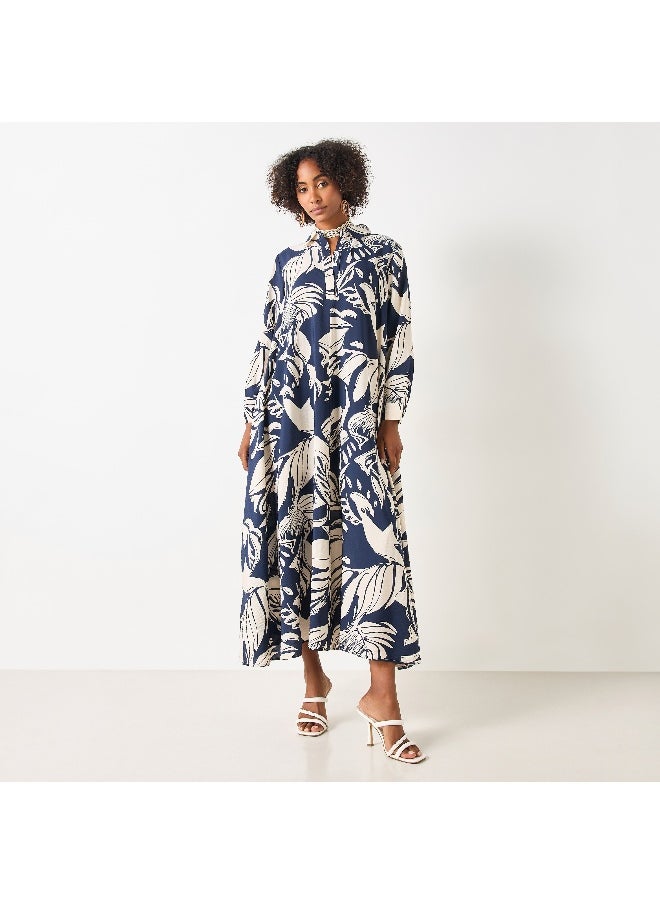Iconic Iconic All-Over Print Maxi Dress with Collar and Long Sleeves  - Image 3