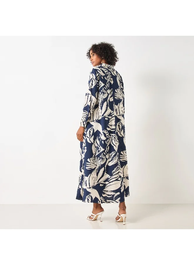 Iconic Iconic All-Over Print Maxi Dress with Collar and Long Sleeves