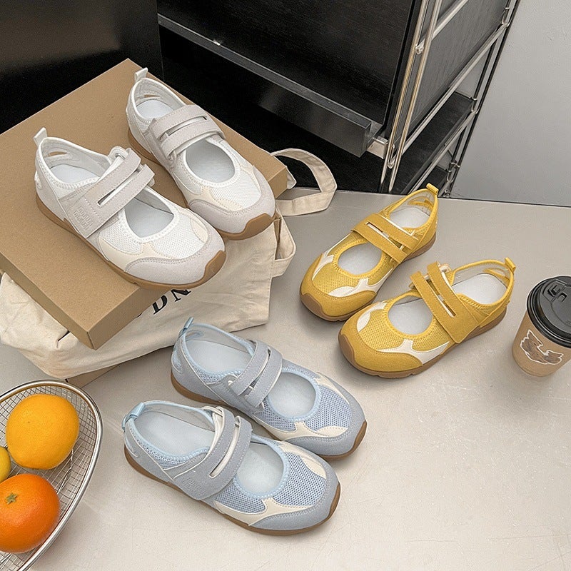 French Style Yellow Shoes Mesh Mary Jane Shoes 2025 Velcro Shallow Top Round Toe Canvas Shoes Single Shoes - Image 2