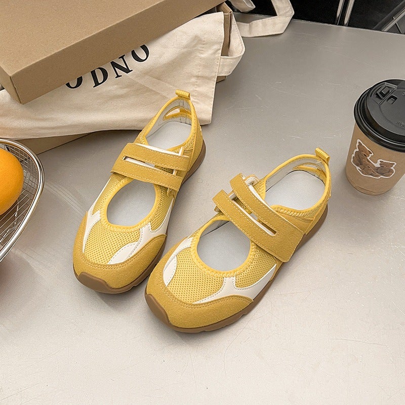 French Style Yellow Shoes Mesh Mary Jane Shoes 2025 Velcro Shallow Top Round Toe Canvas Shoes Single Shoes - Image 4