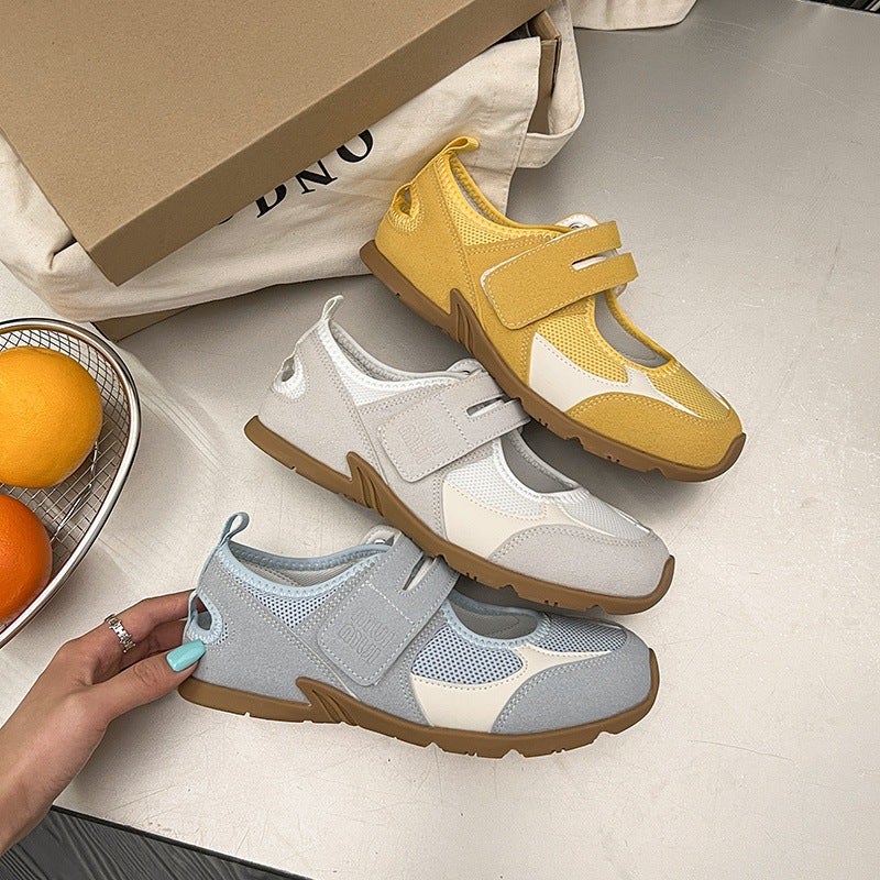 French Style Yellow Shoes Mesh Mary Jane Shoes 2025 Velcro Shallow Top Round Toe Canvas Shoes Single Shoes - Image 3