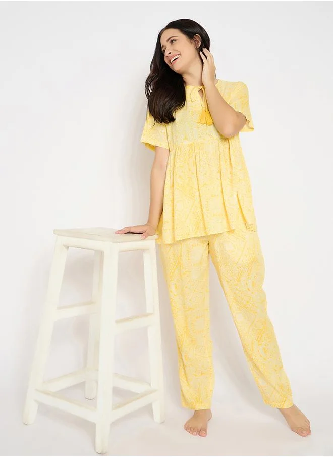 Clovia Clovia Printed Short Sleeve Peplum Top and Pyjama Set