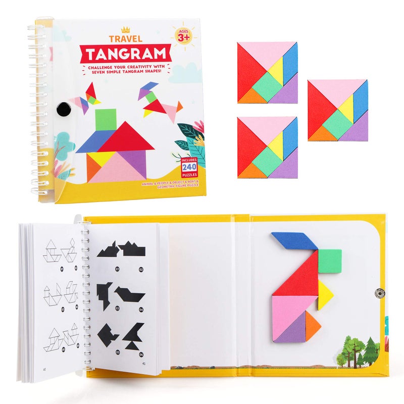 Vanmor Travel Tangram Puzzle - 3 Sets of Magnetic Tangram with 240 Solution - Montessori Shape Pattern Blocks Jigsaw Road Trip Games IQ Book Educational Toy Brain Teaser Gift for Kids Adults Challenge - Image 1