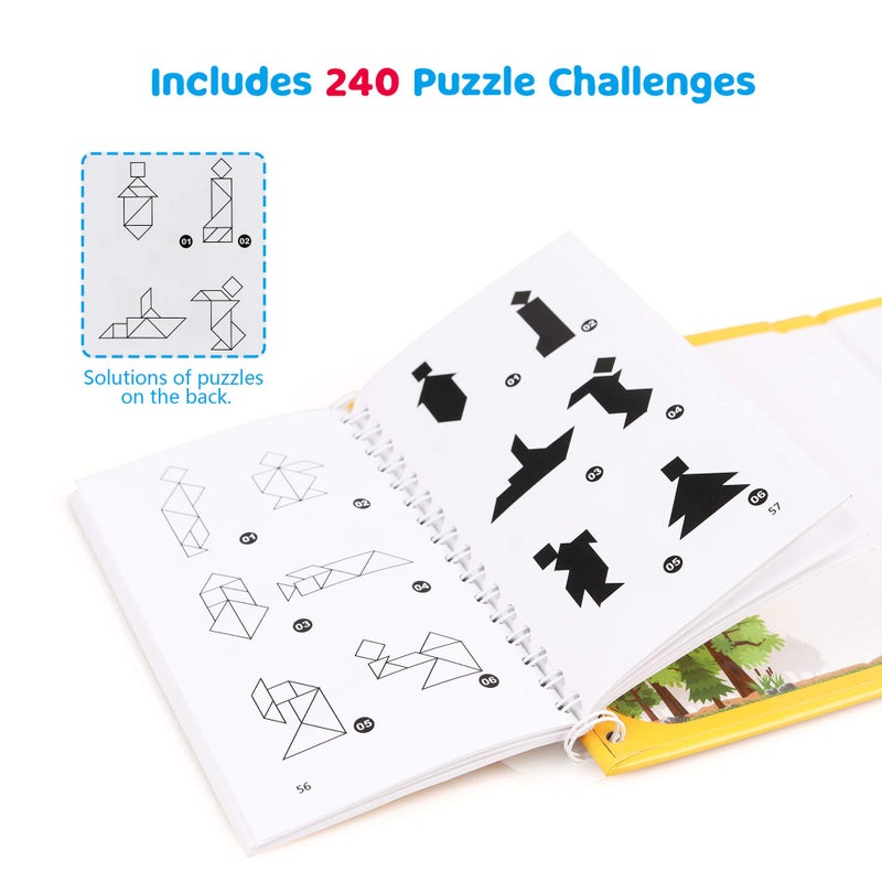 Vanmor Travel Tangram Puzzle - 3 Sets of Magnetic Tangram with 240 Solution - Montessori Shape Pattern Blocks Jigsaw Road Trip Games IQ Book Educational Toy Brain Teaser Gift for Kids Adults Challenge - Image 3