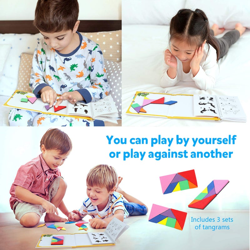 Vanmor Travel Tangram Puzzle - 3 Sets of Magnetic Tangram with 240 Solution - Montessori Shape Pattern Blocks Jigsaw Road Trip Games IQ Book Educational Toy Brain Teaser Gift for Kids Adults Challenge - Image 5