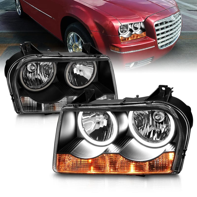 AmeriLite for 20052010 Chrysler 300 Halogen Type Xtreme Dual LED Halos Black Headlights Assembly Set Passenger and Driver Side