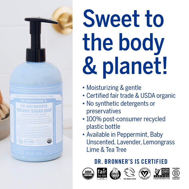 Dr. Bronner's Baby Unscented Gift Set - Pure-Castile Liquid and Bar Soaps, Organic Magic Balm, and 4-in-1 Organic Sugar Pump Soap - Image 3