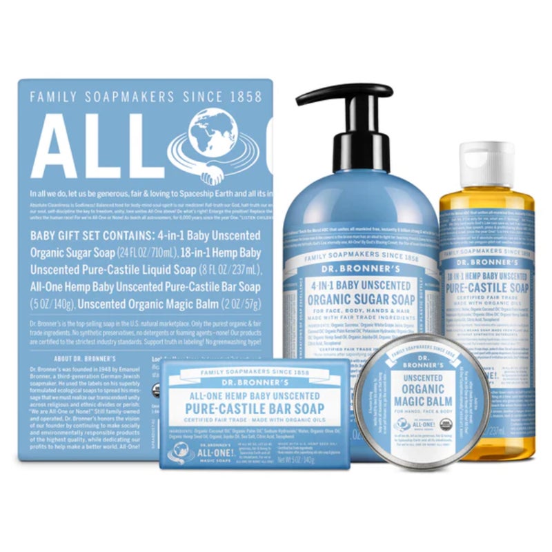 Dr. Bronner's Baby Unscented Gift Set - Pure-Castile Liquid and Bar Soaps, Organic Magic Balm, and 4-in-1 Organic Sugar Pump Soap - Image 1