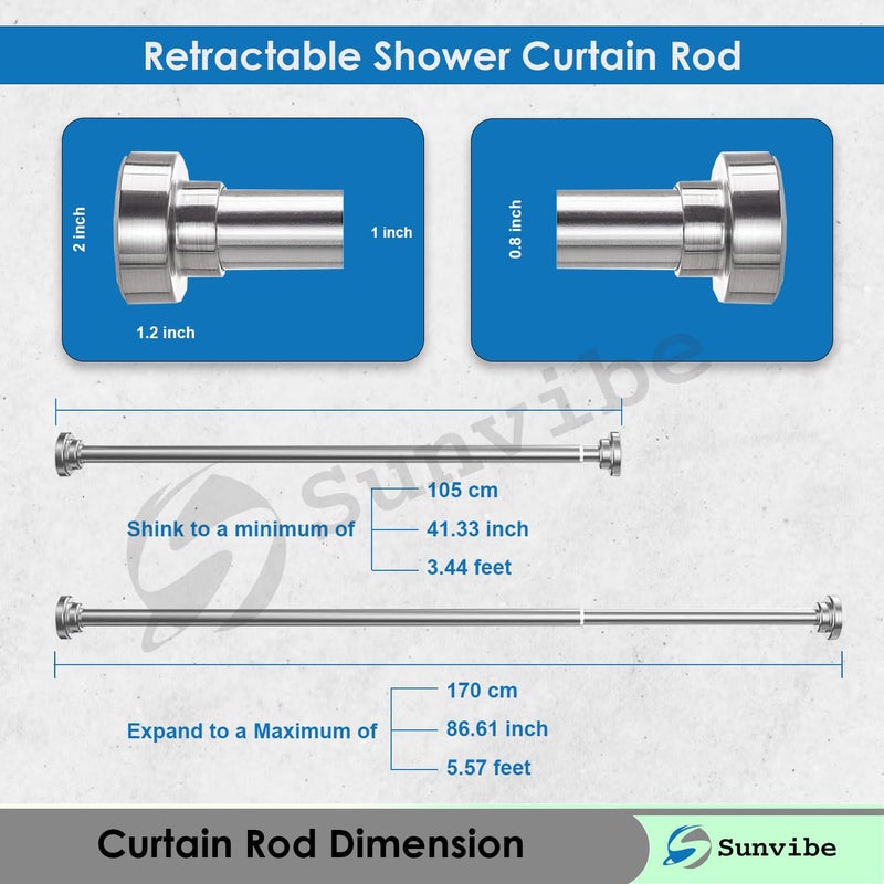 SUNVIBE ® (105cm to 170cm) Expandable Shower Curtain Tension Rod – Non-Drilling, Anti-Skid Spring Pull Rod - Image 2