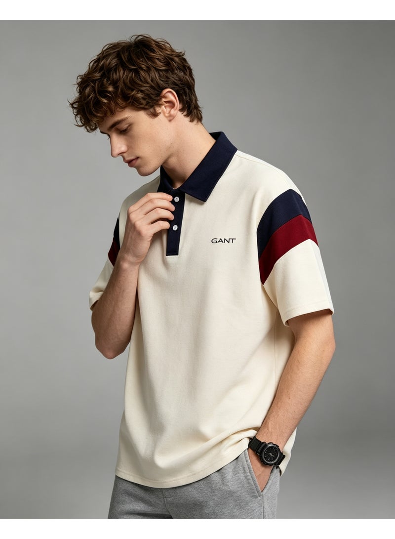 GANT Men's Women's Short Sleeve Polo Shirt Contrast Navy Collar Shoulder Spliced Panel Casual Top Cream Navy Burgundy - Image 2