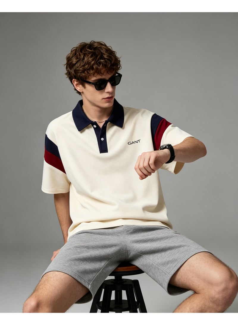 GANT Men's Women's Short Sleeve Polo Shirt Contrast Navy Collar Shoulder Spliced Panel Casual Top Cream Navy Burgundy - Image 1
