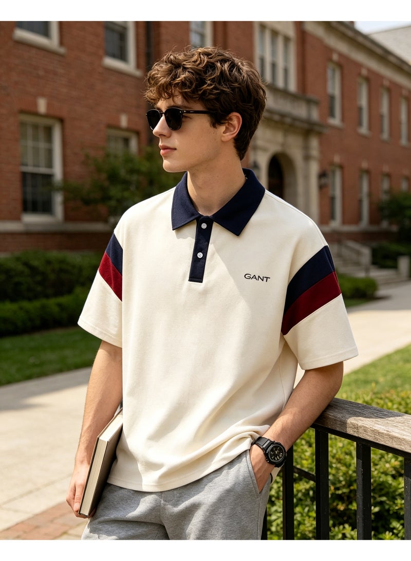 GANT Men's Women's Short Sleeve Polo Shirt Contrast Navy Collar Shoulder Spliced Panel Casual Top Cream Navy Burgundy - Image 4