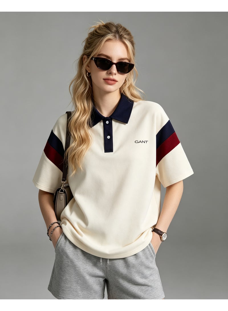 GANT Men's Women's Short Sleeve Polo Shirt Contrast Navy Collar Shoulder Spliced Panel Casual Top Cream Navy Burgundy - Image 5