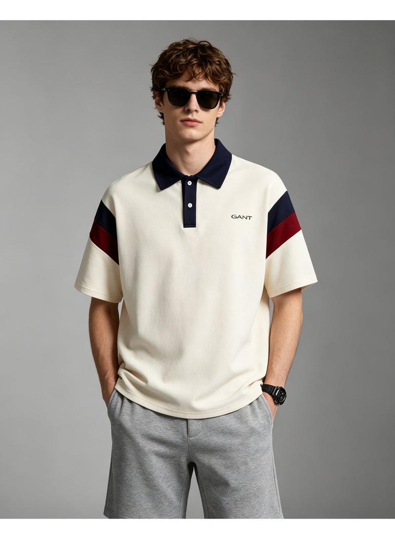 GANT Men's Women's Short Sleeve Polo Shirt Contrast Navy Collar Shoulder Spliced Panel Casual Top Cream Navy Burgundy - Image 3