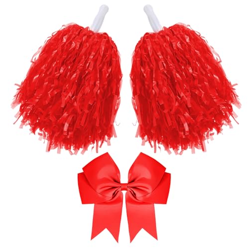 Hotop 3 Pcs 10 in Cheerleading Pom Poms and Large Cheerleader Hair Bow Cheer Pompoms Cheerleading Accessories for Sport Events Dance Party Basketball Football TeamRedClassic - Image 1