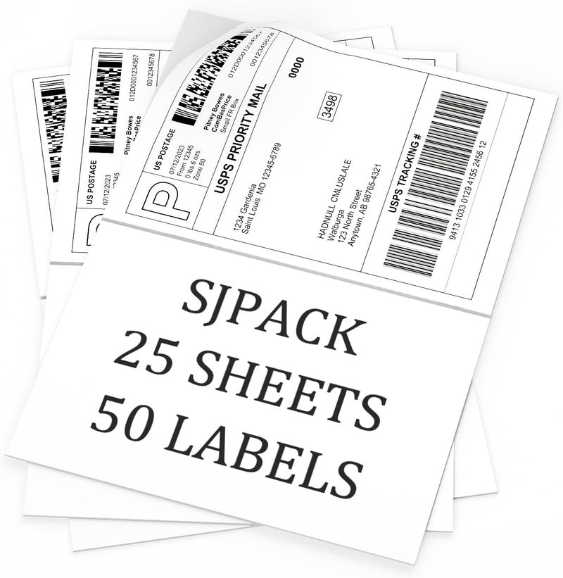 SJPACK 50 Half Sheet Self Adhesive Shipping Labels, 8.5" x 5.5" Address Labels for Laser & Inkjet Printers(50 labels-25 Sheet) - Image 1