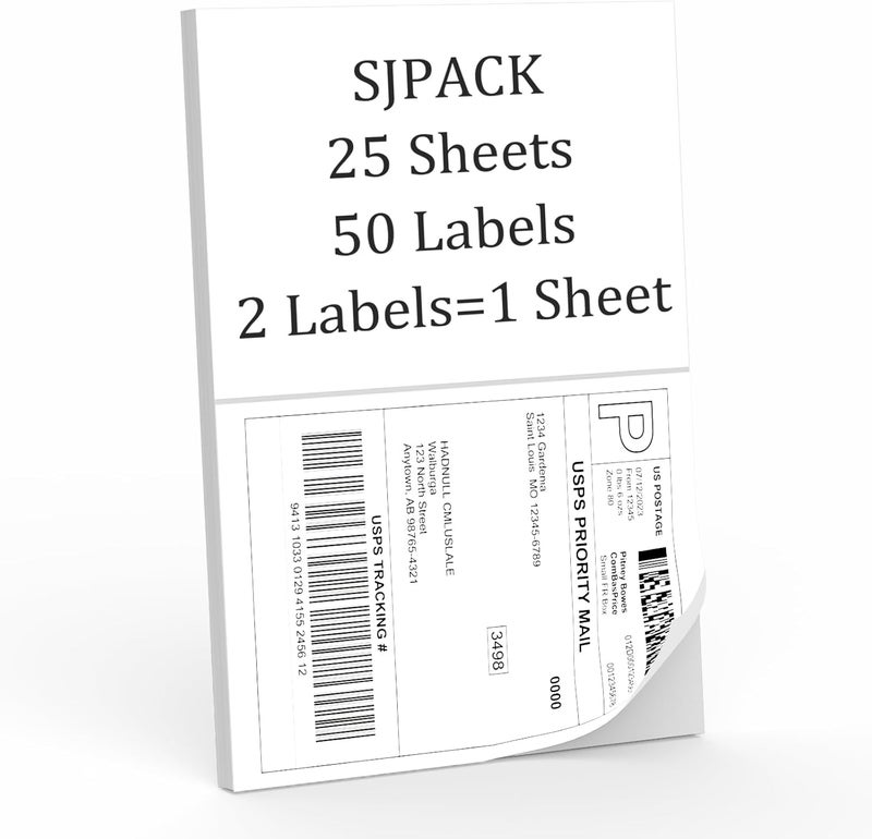 SJPACK 50 Half Sheet Self Adhesive Shipping Labels, 8.5" x 5.5" Address Labels for Laser & Inkjet Printers(50 labels-25 Sheet) - Image 2