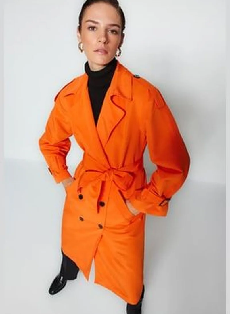 trendyol Orange Oversize Wide-Cut Belted Water-repellent Long Trench Coat TWOSS21EN0005