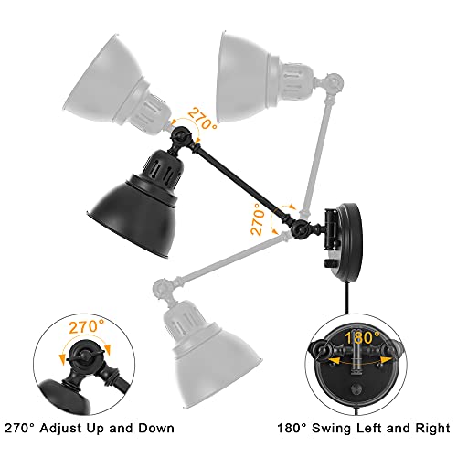GOODATE Plug in Wall Sconces, Wall Sconce Lighting with Dimmable On Off Switch, Swing Arm Wall Lamp, Black Metal Industrial Wall Light Fixtures, Safety E26 Base, 6FT Plug in Cord - Image 4