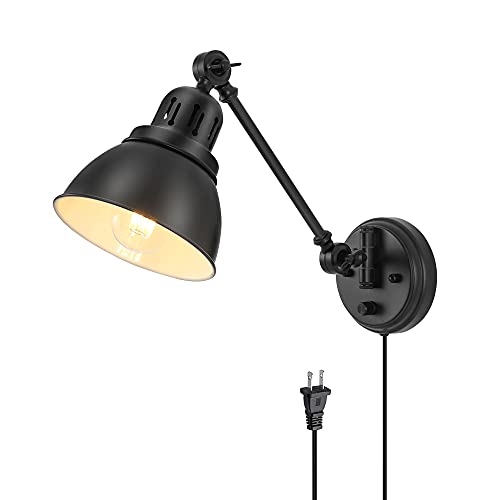 GOODATE Plug in Wall Sconces, Wall Sconce Lighting with Dimmable On Off Switch, Swing Arm Wall Lamp, Black Metal Industrial Wall Light Fixtures, Safety E26 Base, 6FT Plug in Cord - Image 1