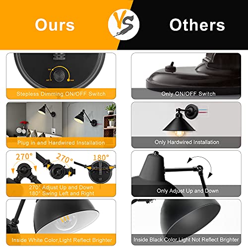 GOODATE Plug in Wall Sconces, Wall Sconce Lighting with Dimmable On Off Switch, Swing Arm Wall Lamp, Black Metal Industrial Wall Light Fixtures, Safety E26 Base, 6FT Plug in Cord - Image 2